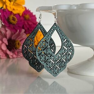 NWT Steel Blue Lightweight Laser Cut Wooden Earrings